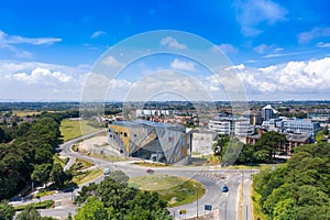 Aerial photo of the Bournemouth University, Talbot Campus buildings from above showing the Arts University Bournemouth, the