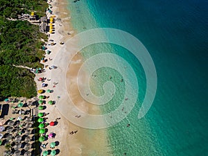 Aerial photo of Brazilian beach Prainhas do Pontal de Atalaia in Arraial do Cabo in the Brazilian state of Rio de