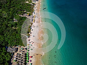 Aerial photo of Brazilian beach Prainhas do Pontal de Atalaia in Arraial do Cabo in the Brazilian state of Rio de