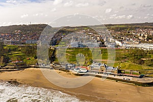 Aerial photo of the British seaside town of Scarborough, the seaside coastal town is located in East Yorkshire in the North Sea