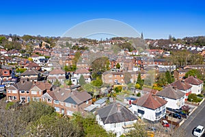 Aerial photo of the British town of Meanwood in Leeds West Yorkshire showing typical UK housing estates and rows of houses from