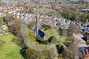 Aerial photo of the British town of Meanwood in Leeds West Yorkshire showing typical UK housing estates and rows of houses and an