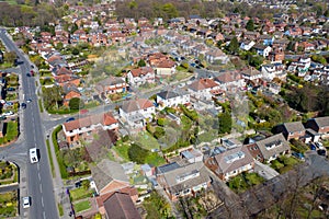 Aerial photo of the British town of Meanwood in Leeds West Yorkshire showing typical UK housing estates and rows of houses from