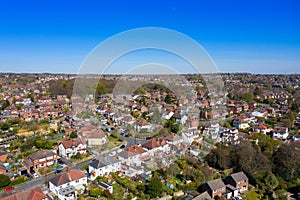 Aerial photo of the British town of Meanwood in Leeds West Yorkshire showing typical UK housing estates and rows of houses from