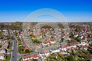 Aerial photo of the British town of Meanwood in Leeds West Yorkshire showing typical UK housing estates and rows of houses from