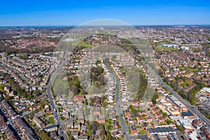 Aerial photo of the British town of Meanwood in Leeds West Yorkshire showing typical UK housing estates and rows of houses from