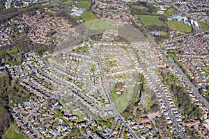 Aerial photo of the British town of Meanwood in Leeds West Yorkshire showing typical UK housing estates and rows of houses from