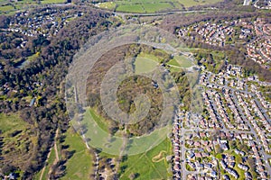 Aerial photo of the British town of Meanwood in Leeds West Yorkshire showing typical UK housing estates and rows of houses from