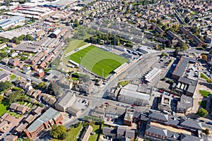 Aerial photo of the British town of Ossett, showing the Ossett United AFC football pitch