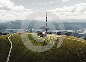 Aerial photo of broadcasting tower on the top of Kralova Hola mountain in Slovakia - Low Tatras. Beautiful and stunning scenic