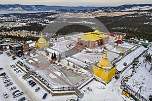 The aerial photo of Buddhist Temple of Rinpoche Bagsha in Siberian city of Ulan-Ude, Burtyatiya, Russia.