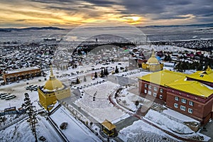 The aerial photo of Buddhist Temple of Rinpoche Bagsha in Siberian city of Ulan-Ude, Burtyatiya, Russia.