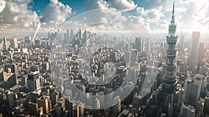 This aerial photo captures the impressive skyline of downtown Manhattan, showcasing the towering buildings and bustling cityscape