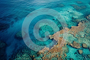 This aerial photo captures the vast expanse of the Great Barrier Reef, showcasing its intricate coral formations and vibrant