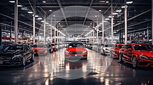 aerial photo capturing the organized arrangement of brand-new cars lined up at the port, ready for import and export photo