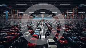 aerial photo capturing the organized arrangement of brand-new cars lined up at the port, ready for import and export photo