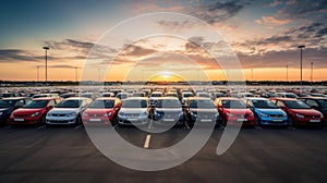 aerial photo capturing the organized arrangement of brand-new cars lined up at the port, ready for import and export photo