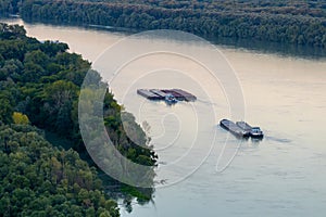 Aerial photo of the cargo ships on the Danube River