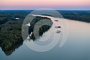 Aerial photo of the cargo ships on the Danube River