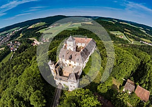 Aerial photo of castle Greifenstein at the franconian suisse