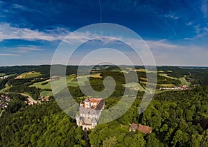 Aerial photo of castle Greifenstein at the franconian suisse