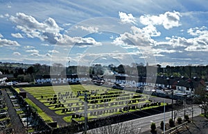 Aerial photo of Cemetery graveyard at Second Broughshane Presbyterian Church Broughshane village Antrim N Ireland