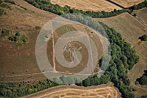 Aerial photo of the Cerne Abbas Giant chalk hill drawing in England