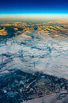 Aerial photo of the city of Labytnagi and the village Kharp