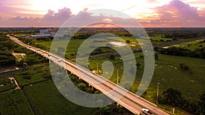 Aerial Photo Countryside Car Running on Road Bridge Over Railway