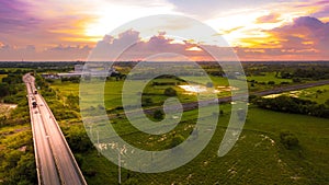 Aerial Photo Countryside Car Running on Road Bridge Over Railway