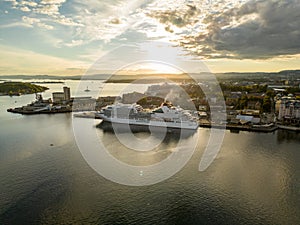 Aerial photo cruise ship at Port of Oslo Norway at sunset