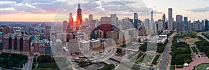 Aerial photo Downtown Chicago at sunset