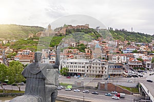 Aerial photo. Drone flies above Tbilisi Georgia city center.Metekhi Cathedral and monument of King Vakhtang Gorgasali.