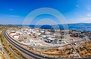 Aerial photo of famous full working plant and oil refinery of Motor Oil in Corinth area, Greece