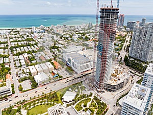 Aerial photo of Five Park residential condominium under construction 5th Street and Alton Road