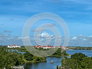 Aerial photo of the Grand Floridian Hotel from  the monorail at  Walt Disney World Resorts in Orlando, FL photo
