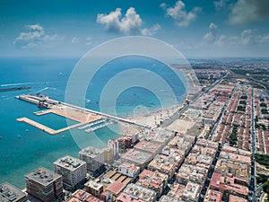 Aerial photo of harbour, residential houses, highways and Mediterranean Sea of Torrevieja. High angle view famous popular travel