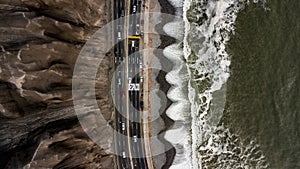 Aerial photo of the highway next to the Pacific Ocean in Lima, Peru,