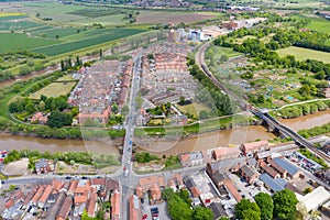 Aerial photo of the historical village town centre of Selby in York North Yorkshire in the UK showing the rows of newly built