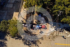 Aerial photo homeless people living in tents at Downtown Fort Lauderdale Florida USA