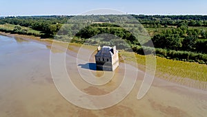 Aerial photo of the house flooded in the Loire river, Coueron