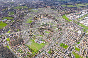 Aerial photo of the housing estates and suburban area of the town of Swarcliffe in Leeds