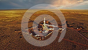 Aerial photo of hydraulic fracturing equipment at sunset. FRACKING