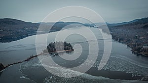 Aerial photo of icy Lake Tremblant in winter, Laurentides, Quebec, Canada