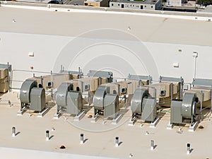 Aerial photo of industrial HVAC rooftop fan system array