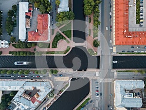 Aerial photo of intersections of Griboyedov Canal and Kryukov Canal in Saint Petersburg, Russia.