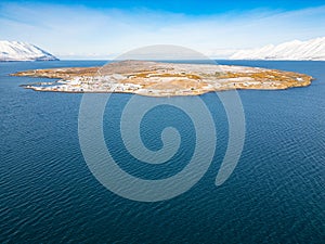 aerial photo of island of Hrisey in Iceland on winter day