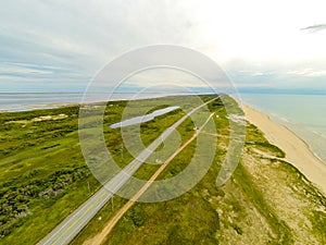 Aerial photo of Isle De Madeleine dunes and highway