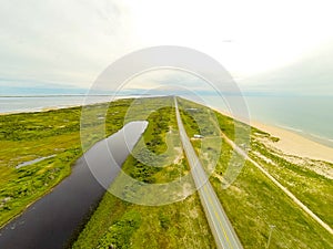 Aerial photo of Isle De Madeleine dunes and highway