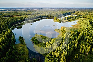 Aerial photo of the lake in the forests. Lake with small islands